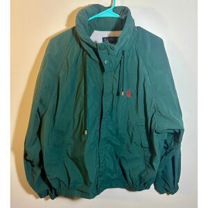 Nautica Men’s M Green Nylon Windbreaker Jacket – Red Embroidered Logo, Snap/Zip